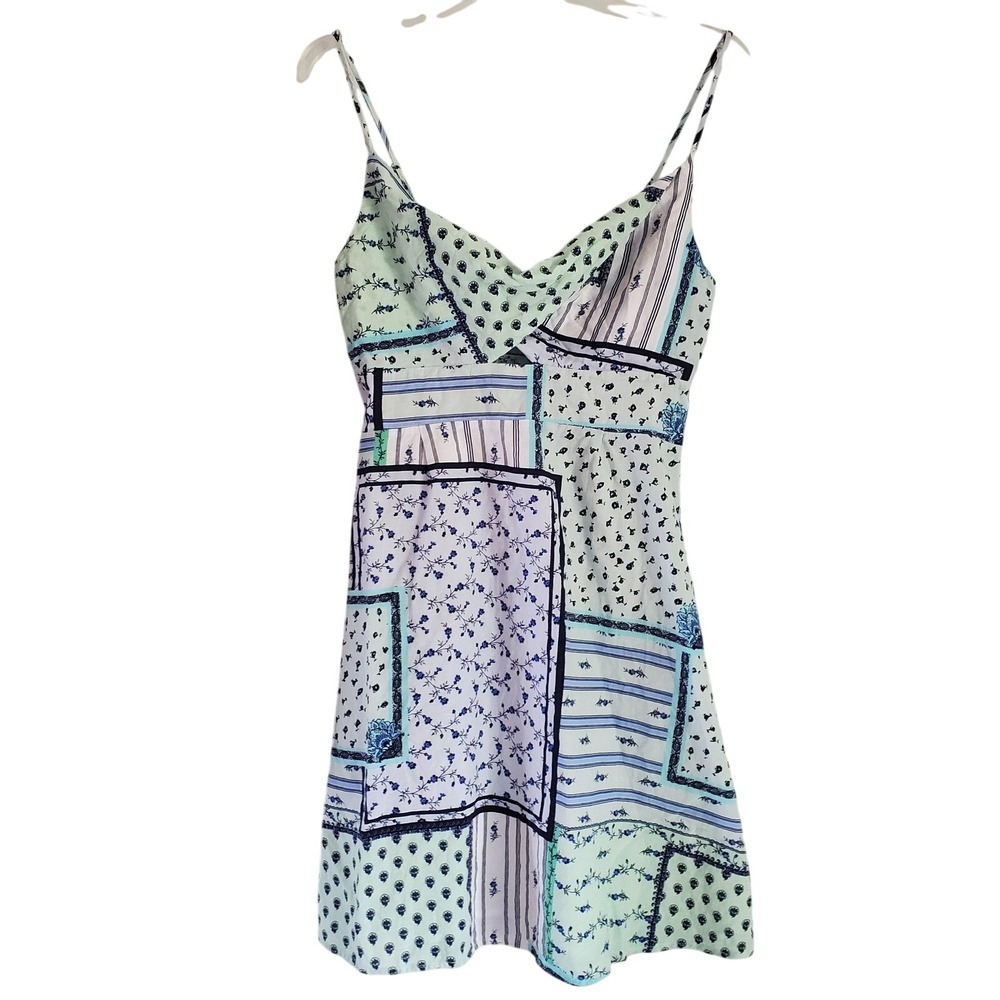 LOFT Dress Womens 6 Blue Patchwork Floral Mini Cottagecore Summer Boho Romantic